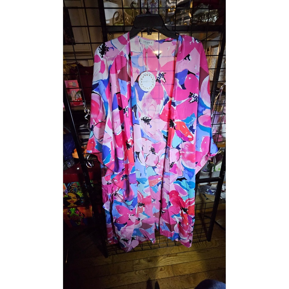Umgee Plus Floral Kimono Wrap Pink Blue Watercolor Origami Draped Coverup PLUS